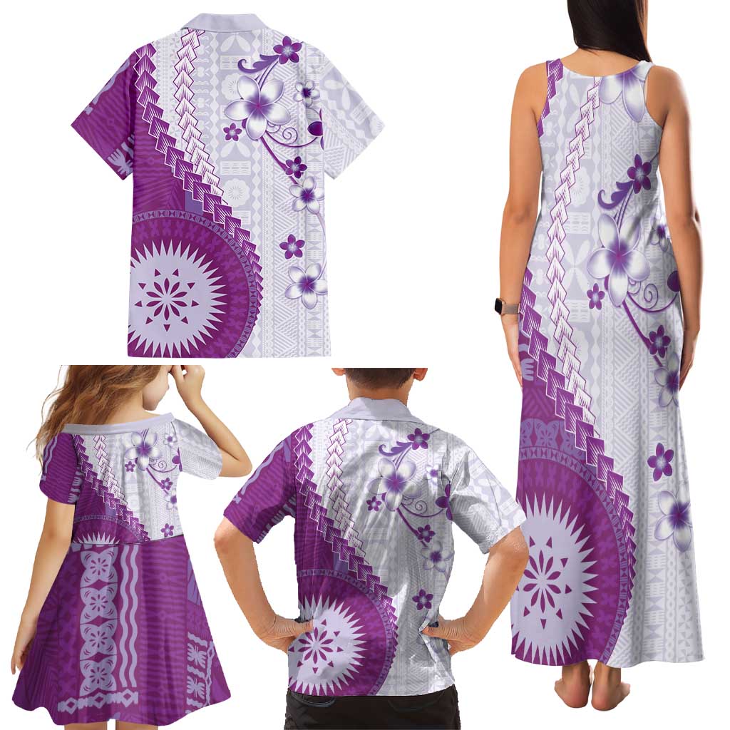 Bula Fiji Family Matching Tank Maxi Dress and Hawaiian Shirt Violet Plumeria Masi Tapa Pattern LT05 - Polynesian Pride