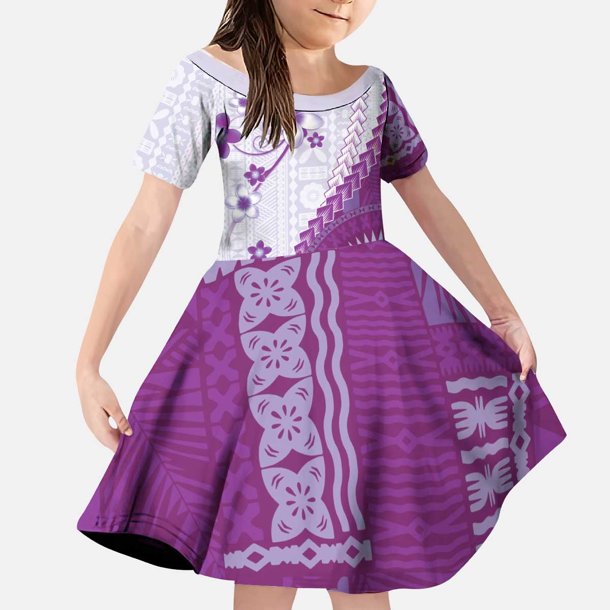 Bula Fiji Kid Short Sleeve Dress Violet Plumeria Masi Tapa Pattern LT05 KID Violet - Polynesian Pride