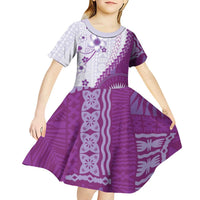 Bula Fiji Kid Short Sleeve Dress Violet Plumeria Masi Tapa Pattern LT05 - Polynesian Pride