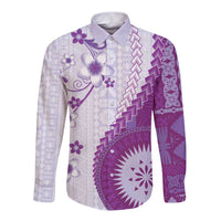 Bula Fiji Long Sleeve Button Shirt Violet Plumeria Masi Tapa Pattern LT05 Unisex Violet - Polynesian Pride