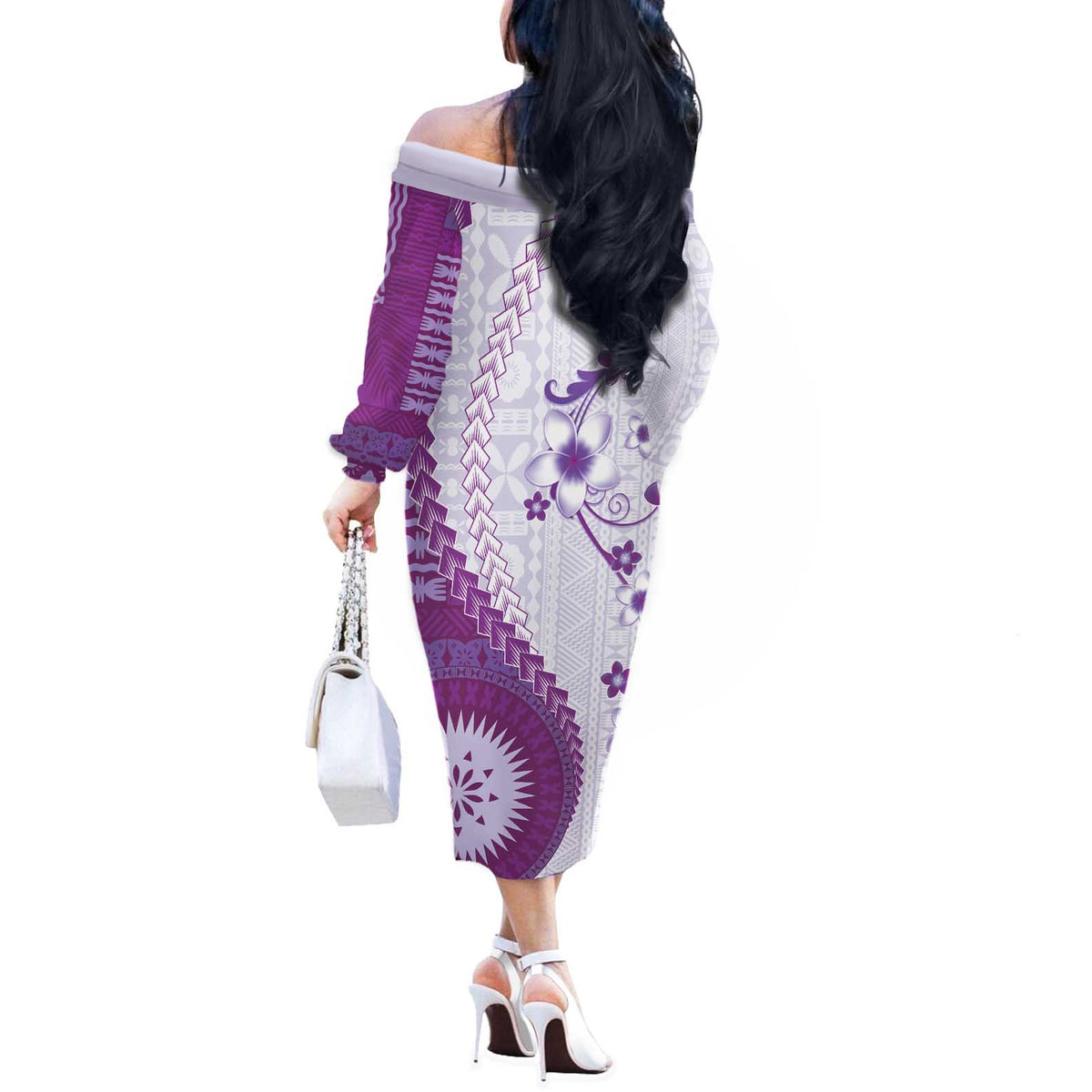 Bula Fiji Off The Shoulder Long Sleeve Dress Violet Plumeria Masi Tapa Pattern LT05 - Polynesian Pride