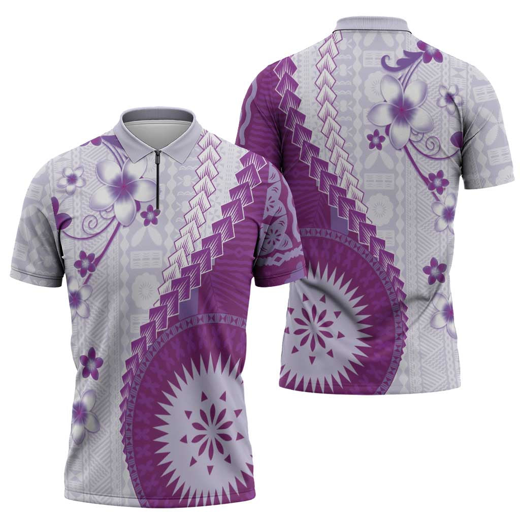 Bula Fiji Zipper Polo Shirt Violet Plumeria Masi Tapa Pattern - Polynesian Pride