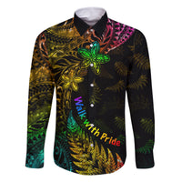 Personalised New Zealand Wellington Pride Family Matching Off Shoulder Long Sleeve Dress and Hawaiian Shirt Rainbow Silver Fern Paua Shell LT05 Dad's Shirt - Long Sleeve Black - Polynesian Pride