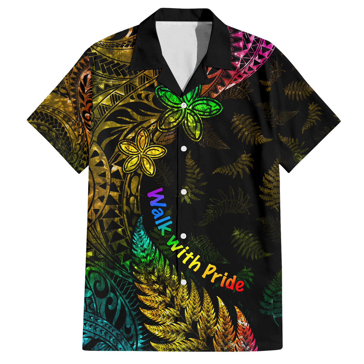 Personalised New Zealand Wellington Pride Family Matching Puletasi and Hawaiian Shirt Rainbow Silver Fern Paua Shell LT05 Dad's Shirt - Short Sleeve Black - Polynesian Pride