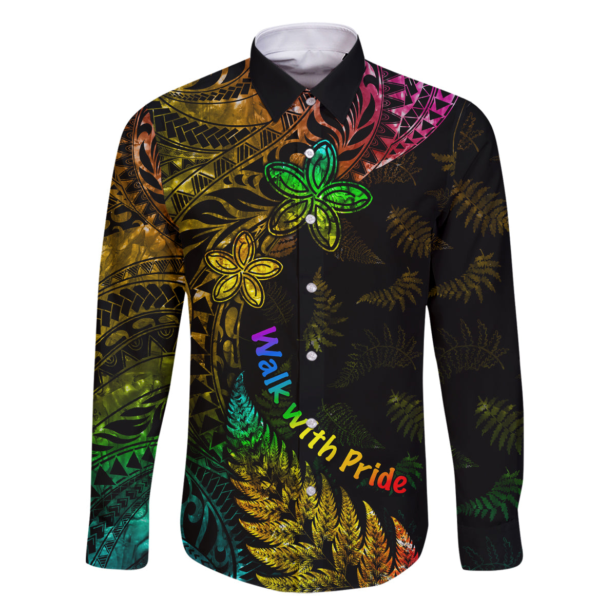 Personalised New Zealand Wellington Pride Family Matching Puletasi and Hawaiian Shirt Rainbow Silver Fern Paua Shell LT05 Dad's Shirt - Long Sleeve Black - Polynesian Pride