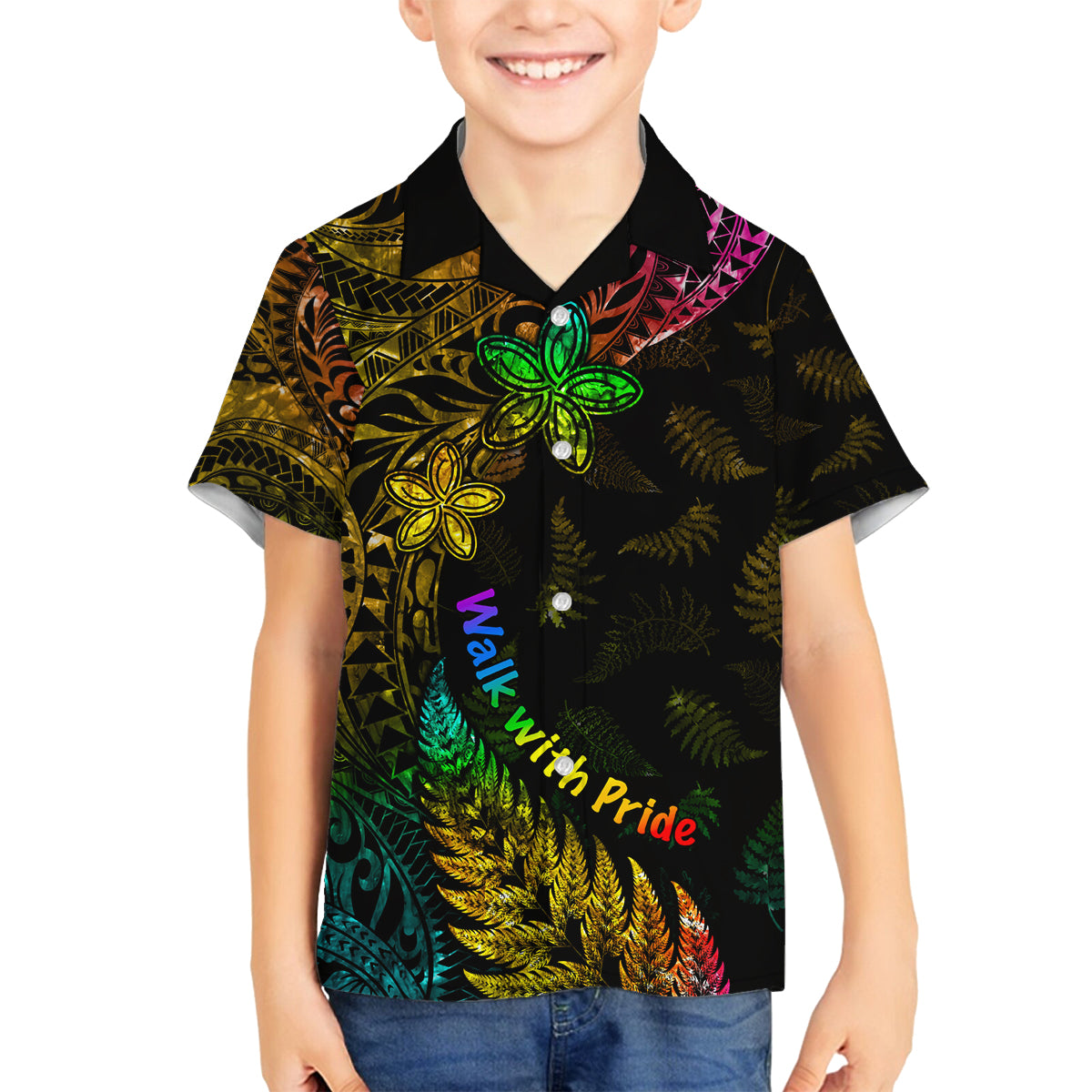 Personalised New Zealand Wellington Pride Family Matching Tank Maxi Dress and Hawaiian Shirt Rainbow Silver Fern Paua Shell LT05 Son's Shirt Black - Polynesian Pride