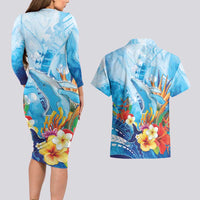 Polynesia Humpback Whale Couples Matching Long Sleeve Bodycon Dress and Hawaiian Shirt Ocean Style LT05 - Polynesian Pride