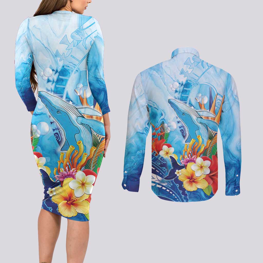 Polynesia Humpback Whale Couples Matching Long Sleeve Bodycon Dress and Long Sleeve Button Shirt Ocean Style