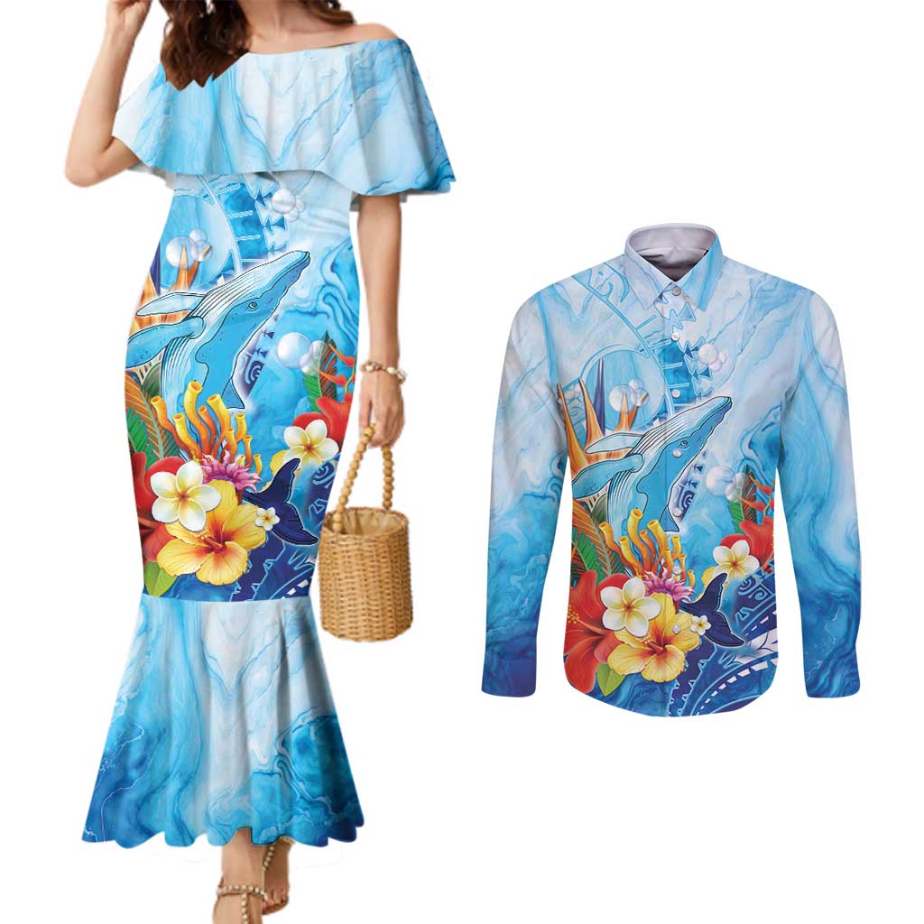 Polynesia Humpback Whale Couples Matching Mermaid Dress and Long Sleeve Button Shirt Ocean Style LT05 Blue - Polynesian Pride
