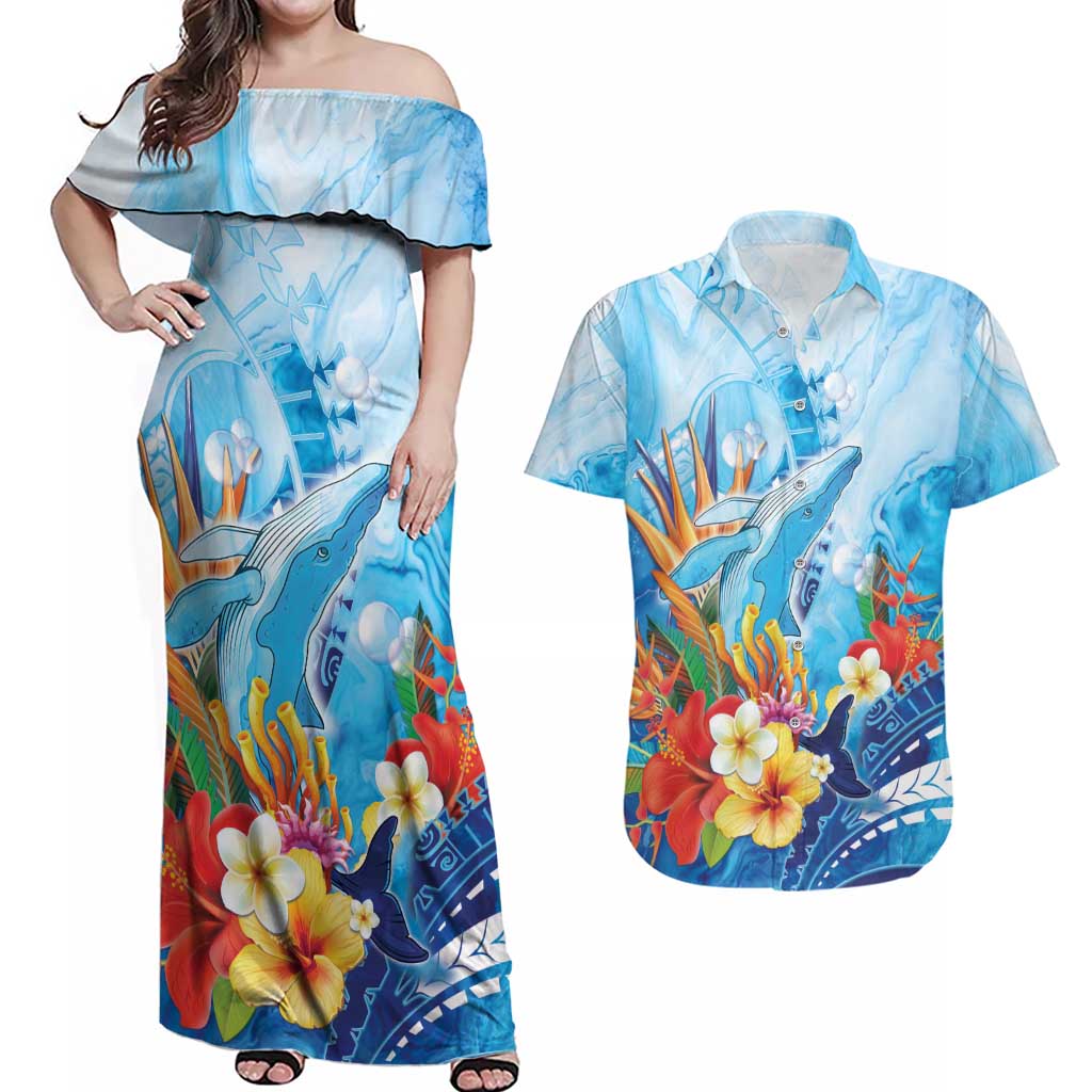 Polynesia Humpback Whale Couples Matching Off Shoulder Maxi Dress and Hawaiian Shirt Ocean Style LT05 Blue - Polynesian Pride