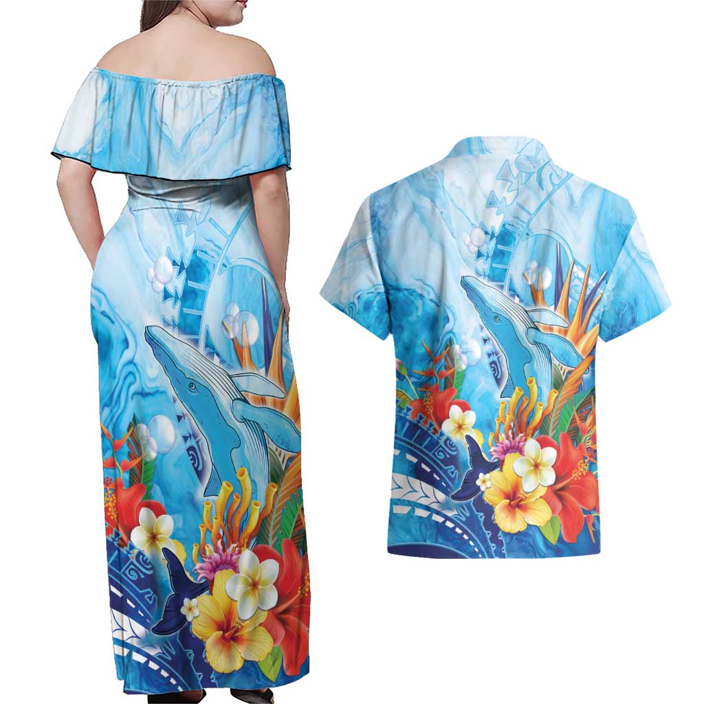 Polynesia Humpback Whale Couples Matching Off Shoulder Maxi Dress and Hawaiian Shirt Ocean Style LT05 - Polynesian Pride
