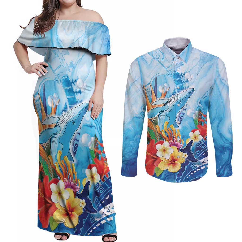 Polynesia Humpback Whale Couples Matching Off Shoulder Maxi Dress and Long Sleeve Button Shirt Ocean Style LT05 Blue - Polynesian Pride