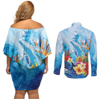 Polynesia Humpback Whale Couples Matching Off Shoulder Short Dress and Long Sleeve Button Shirt Ocean Style