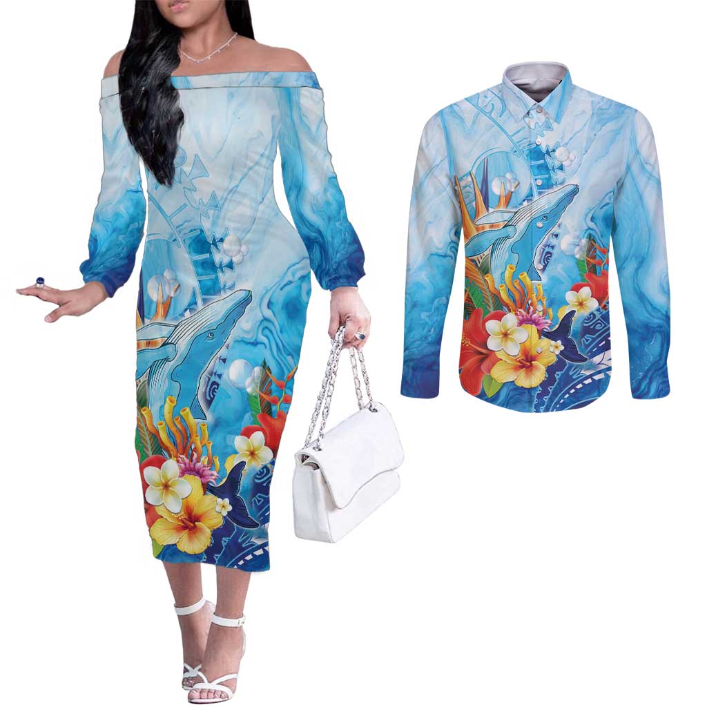 Polynesia Humpback Whale Couples Matching Off The Shoulder Long Sleeve Dress and Long Sleeve Button Shirt Ocean Style LT05 Blue - Polynesian Pride