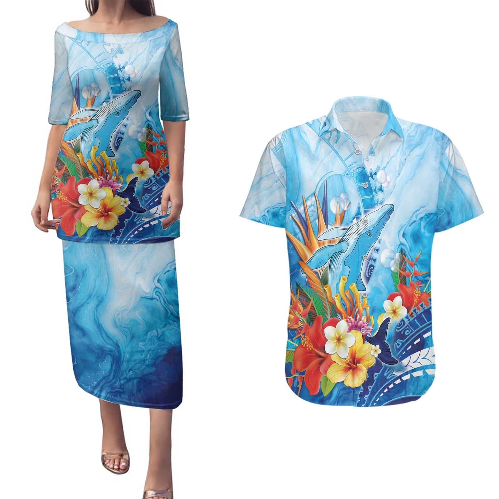 Polynesia Humpback Whale Couples Matching Puletasi and Hawaiian Shirt Ocean Style LT05 Blue - Polynesian Pride