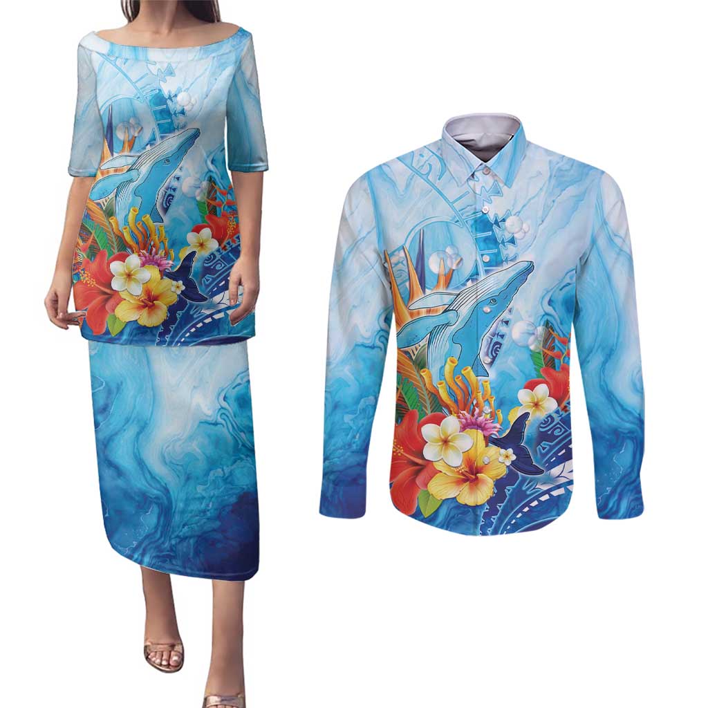 Polynesia Humpback Whale Couples Matching Puletasi and Long Sleeve Button Shirt Ocean Style LT05 Blue - Polynesian Pride