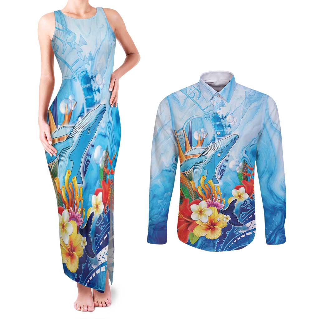 Polynesia Humpback Whale Couples Matching Tank Maxi Dress and Long Sleeve Button Shirt Ocean Style LT05 Blue - Polynesian Pride