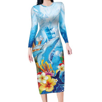 Polynesia Humpback Whale Family Matching Long Sleeve Bodycon Dress and Hawaiian Shirt Ocean Style LT05 Mom's Dress Blue - Polynesian Pride
