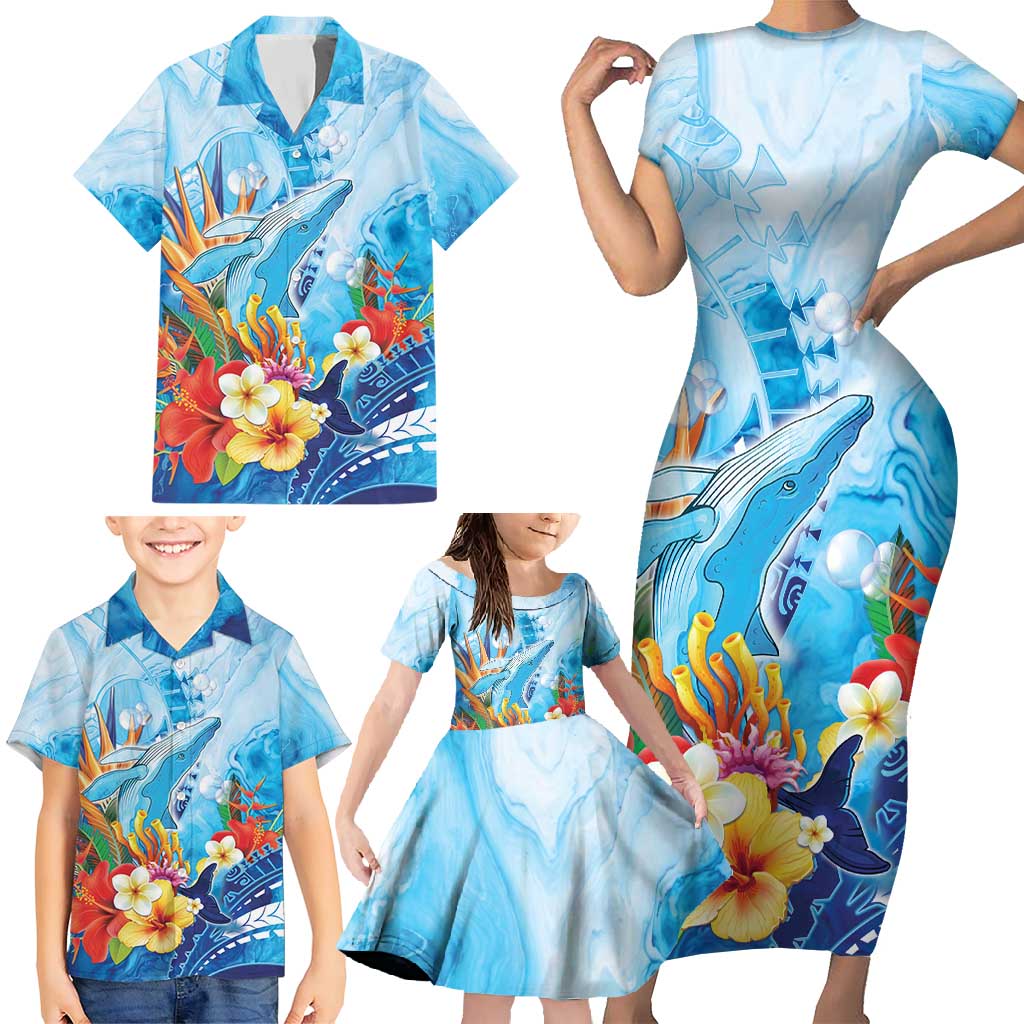 Polynesia Humpback Whale Family Matching Short Sleeve Bodycon Dress and Hawaiian Shirt Ocean Style LT05 - Polynesian Pride