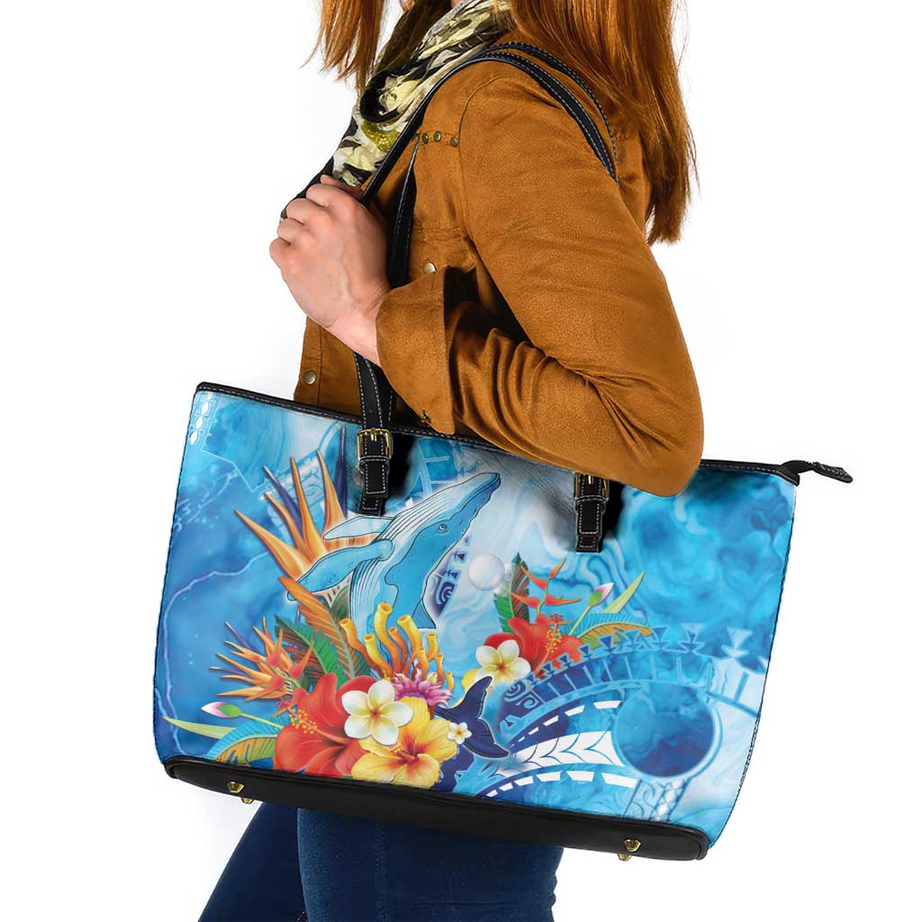 Polynesia Humpback Whale Leather Tote Bag Ocean Style LT05 Blue - Polynesian Pride