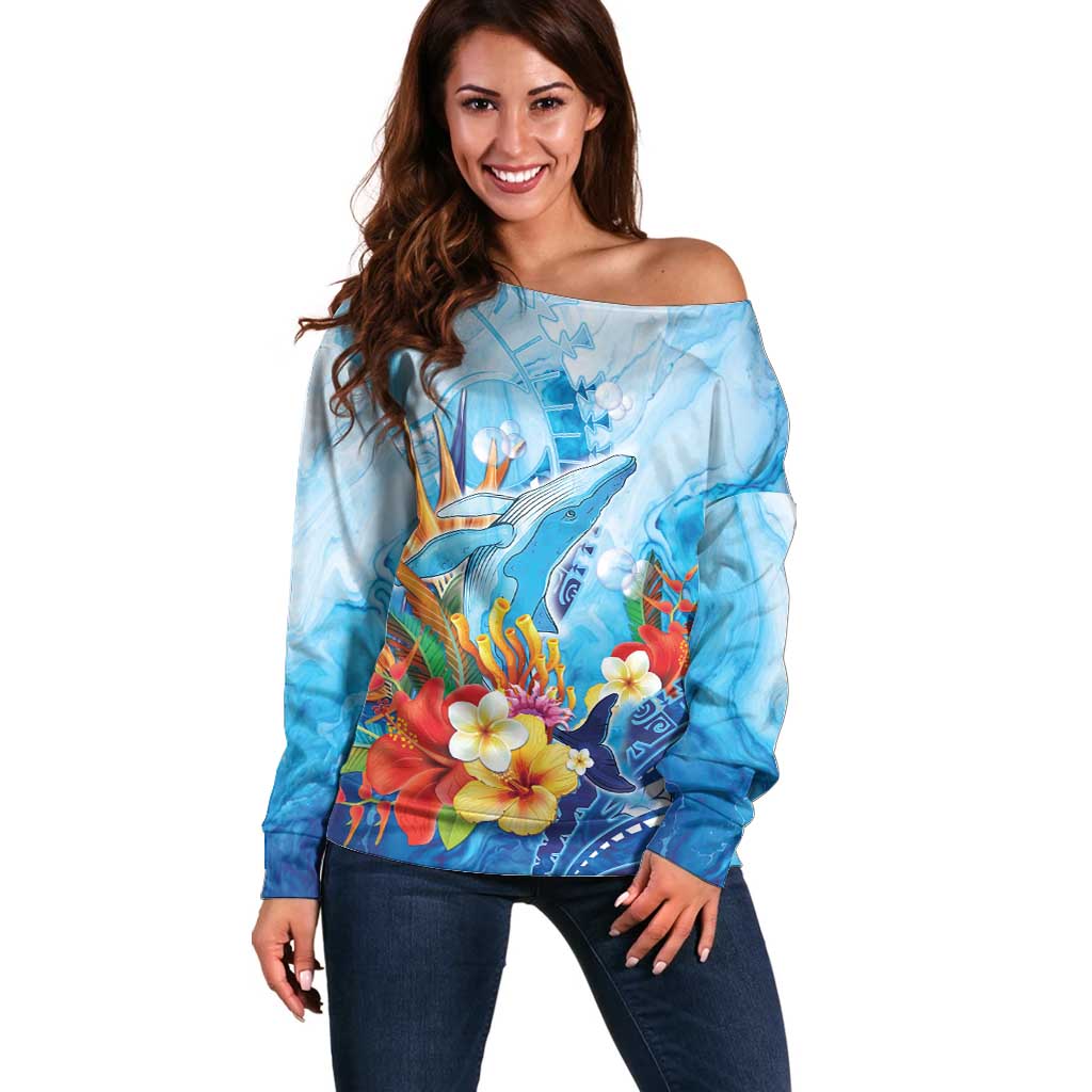 Polynesia Humpback Whale Off Shoulder Sweater Ocean Style LT05 Women Blue - Polynesian Pride