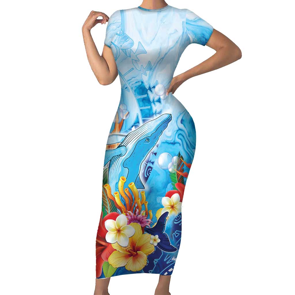 Polynesia Humpback Whale Short Sleeve Bodycon Dress Ocean Style LT05 Long Dress Blue - Polynesian Pride