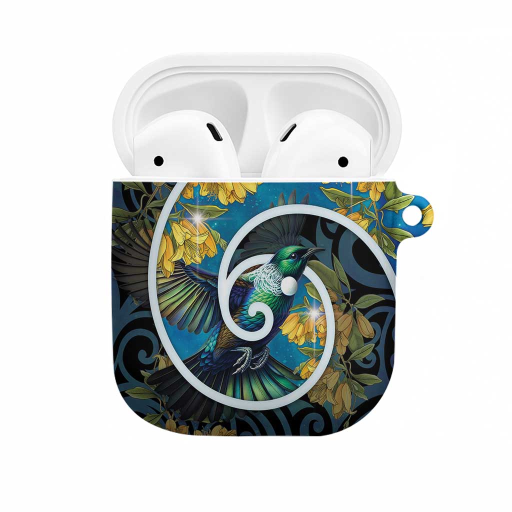 New Zealand Tui Bird AirPods Case Maori Koru With Kowhai Flowers LT05 Black - Polynesian Pride