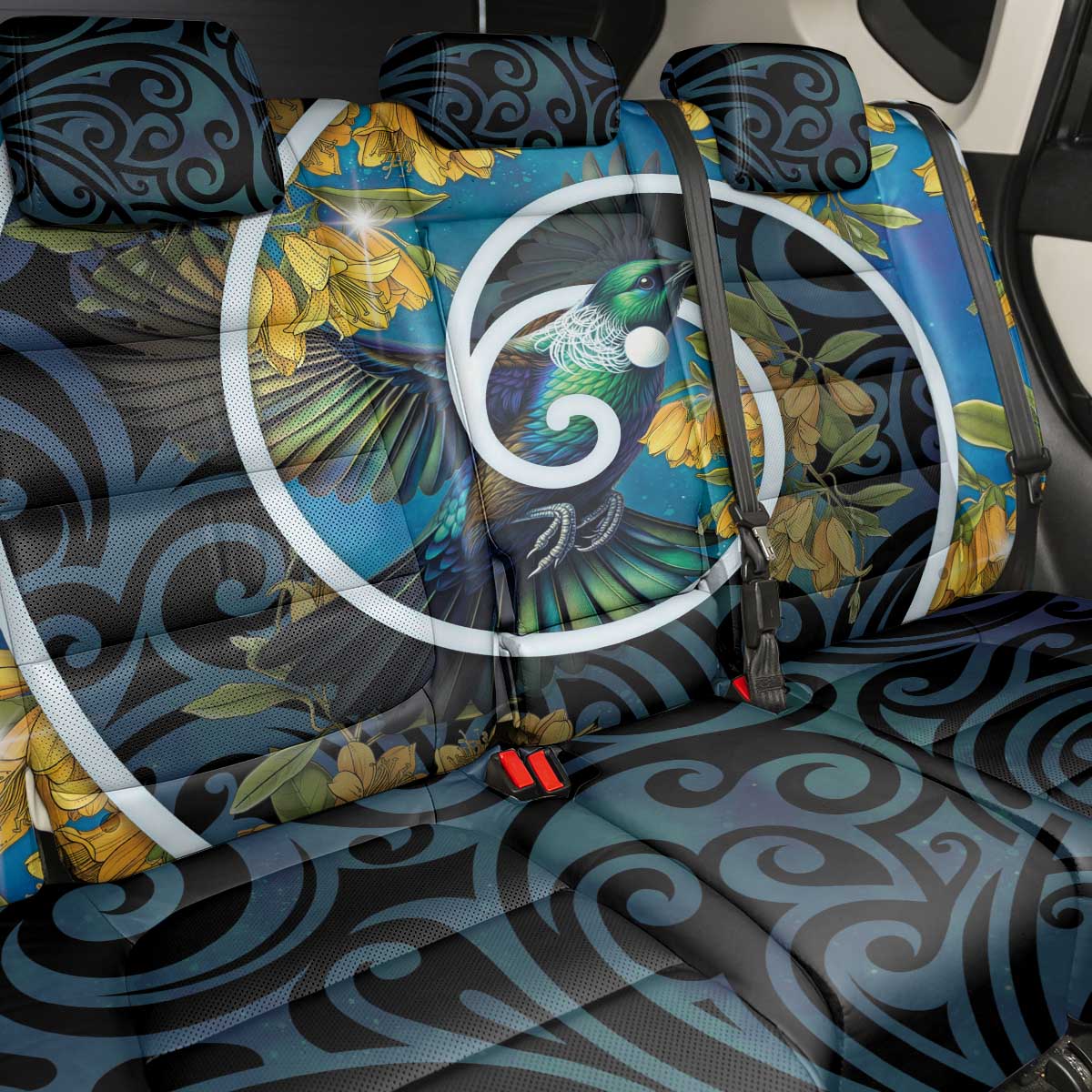 New Zealand Tui Bird Back Car Seat Cover Maori Koru With Kowhai Flowers LT05 - Polynesian Pride