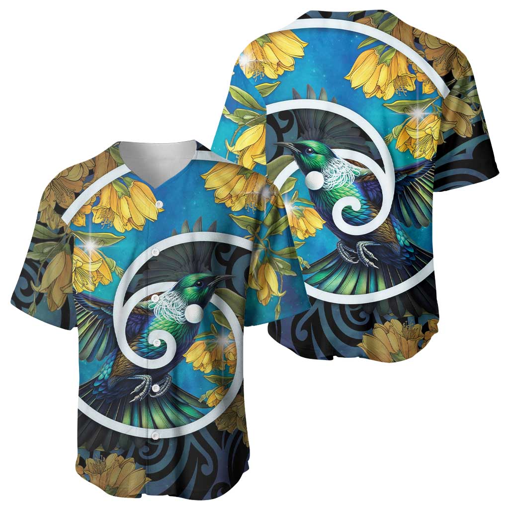 New Zealand Tui Bird Baseball Jersey Maori Koru With Kowhai Flowers LT05 - Polynesian Pride