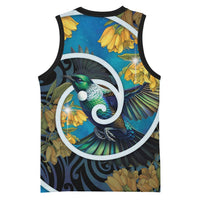New Zealand Tui Bird Basketball Jersey Maori Koru With Kowhai Flowers LT05 - Polynesian Pride