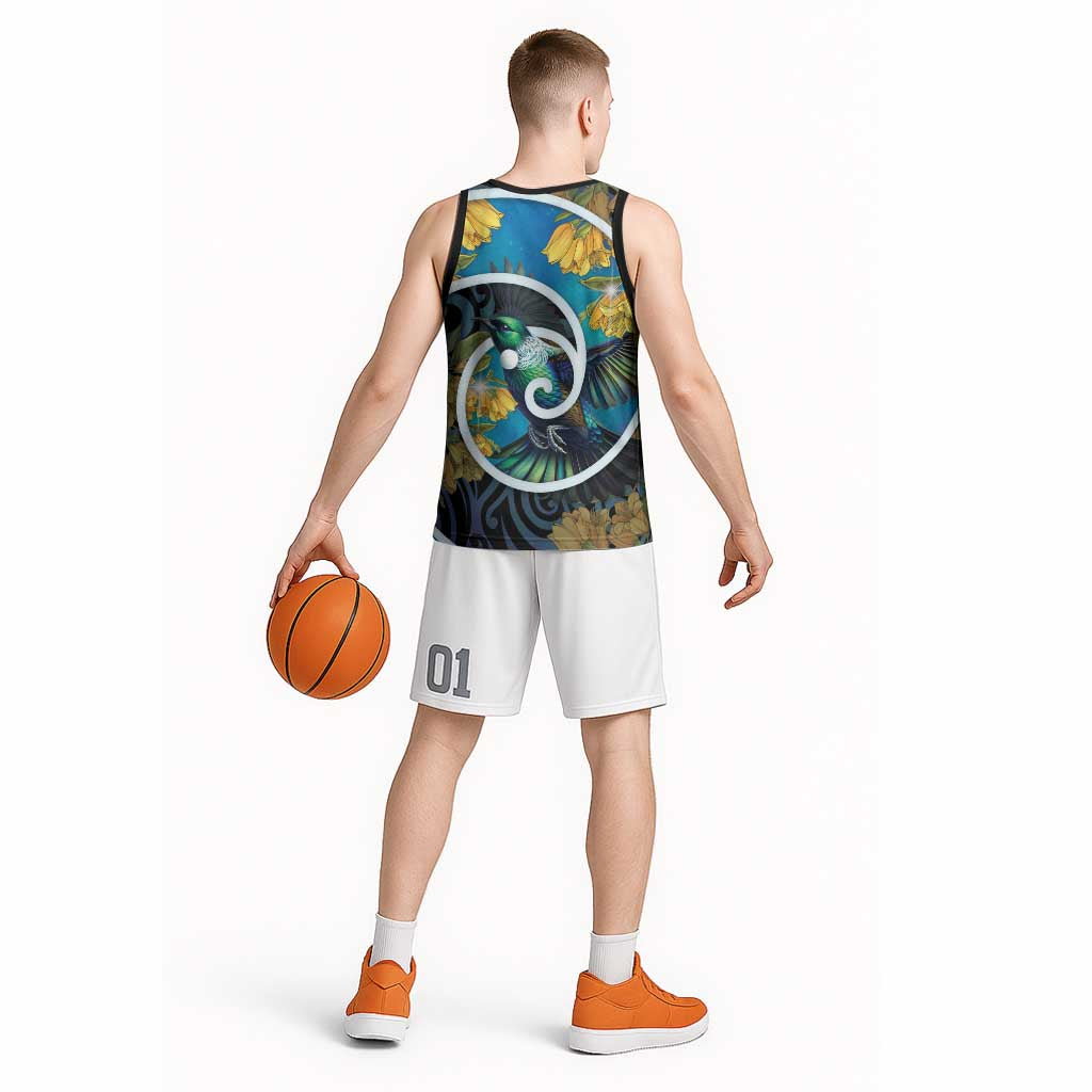 New Zealand Tui Bird Basketball Jersey Maori Koru With Kowhai Flowers LT05 - Polynesian Pride