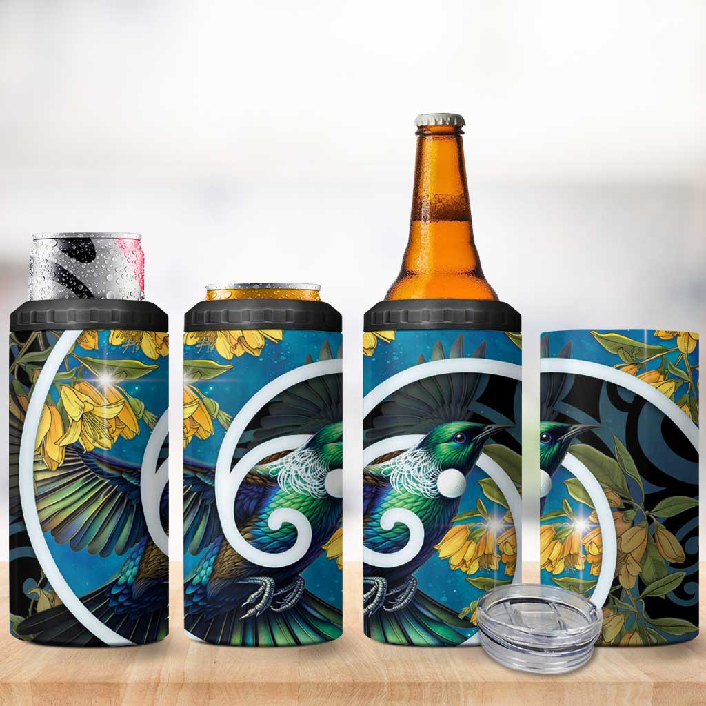 New Zealand Tui Bird 4 in 1 Can Cooler Tumbler Maori Koru With Kowhai Flowers LT05 - Polynesian Pride
