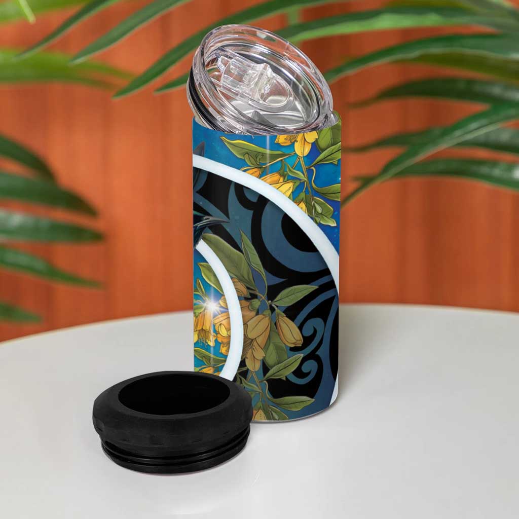 New Zealand Tui Bird 4 in 1 Can Cooler Tumbler Maori Koru With Kowhai Flowers LT05 - Polynesian Pride