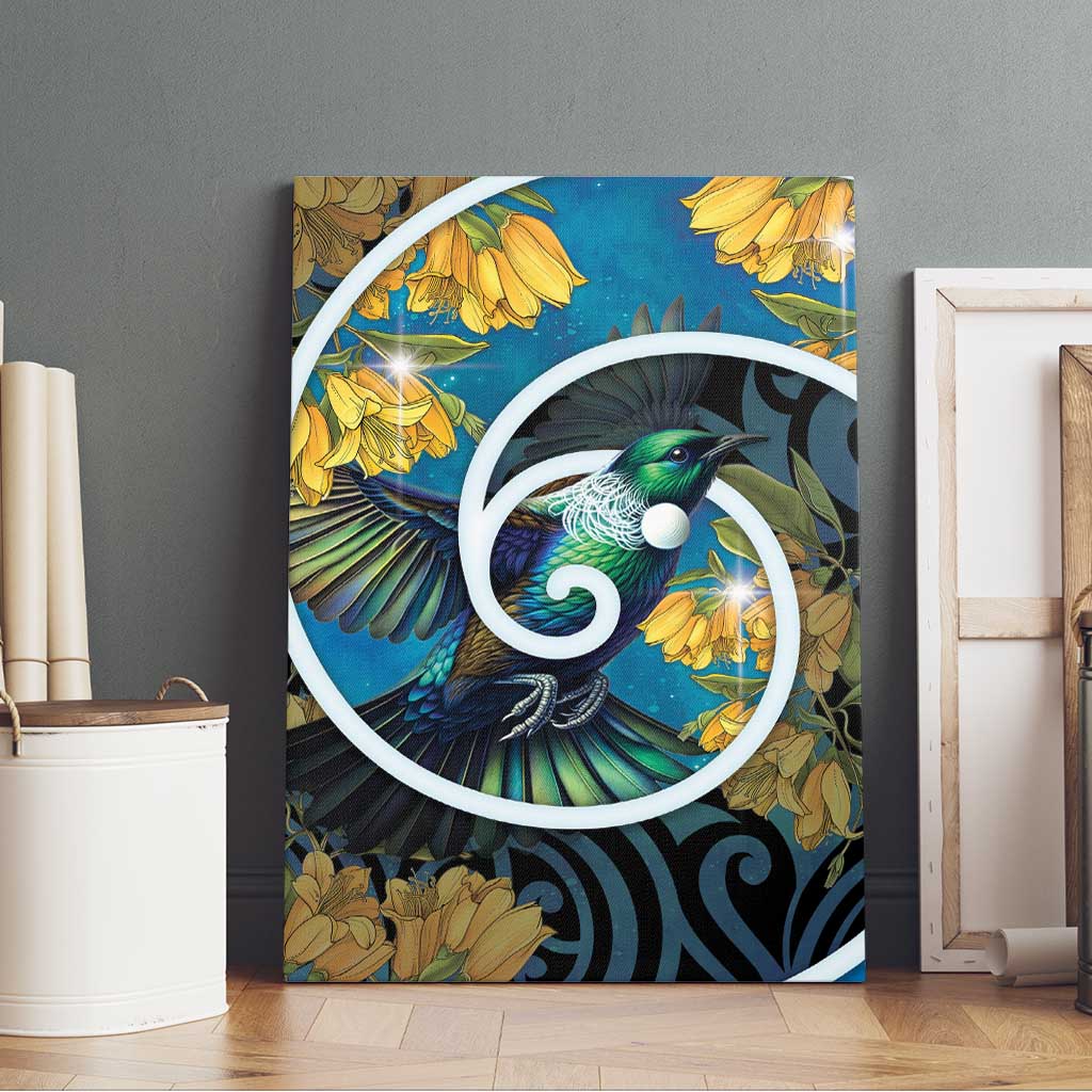 New Zealand Tui Bird Canvas Wall Art Maori Koru With Kowhai Flowers LT05 - Polynesian Pride