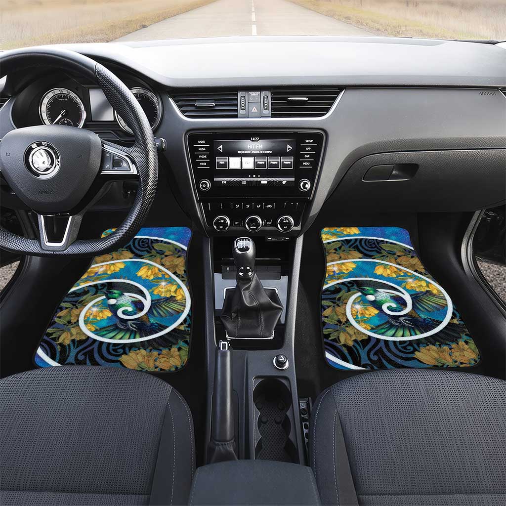 New Zealand Tui Bird Car Mats Maori Koru With Kowhai Flowers LT05 Set 2pcs - Front Black - Polynesian Pride