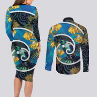 New Zealand Tui Bird Couples Matching Long Sleeve Bodycon Dress and Long Sleeve Button Shirt Maori Koru With Kowhai Flowers LT05 - Polynesian Pride