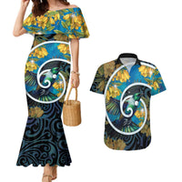 New Zealand Tui Bird Couples Matching Mermaid Dress and Hawaiian Shirt Maori Koru With Kowhai Flowers LT05 Black - Polynesian Pride