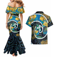New Zealand Tui Bird Couples Matching Mermaid Dress and Hawaiian Shirt Maori Koru With Kowhai Flowers LT05 - Polynesian Pride