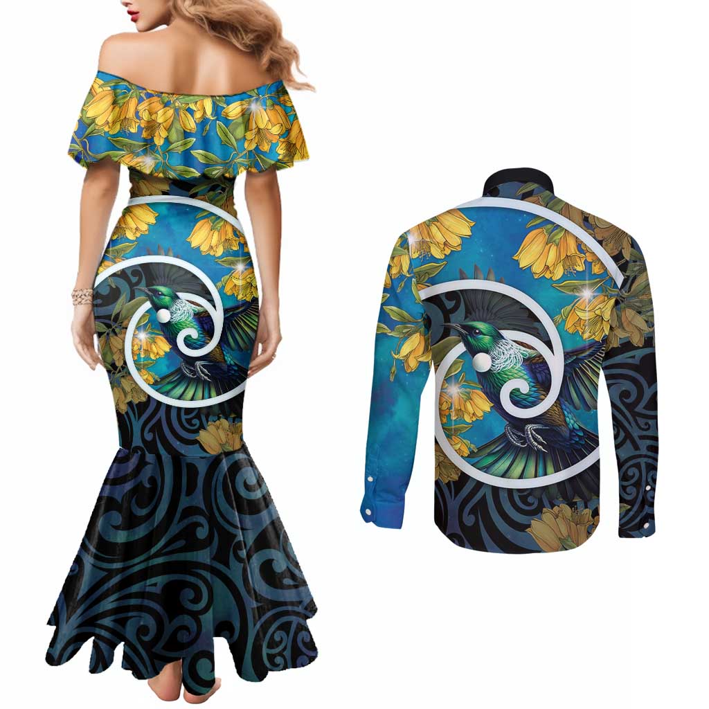 New Zealand Tui Bird Couples Matching Mermaid Dress and Long Sleeve Button Shirt Maori Koru With Kowhai Flowers LT05 - Polynesian Pride