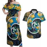 New Zealand Tui Bird Couples Matching Off Shoulder Maxi Dress and Hawaiian Shirt Maori Koru With Kowhai Flowers LT05 Black - Polynesian Pride