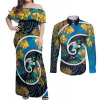 New Zealand Tui Bird Couples Matching Off Shoulder Maxi Dress and Long Sleeve Button Shirt Maori Koru With Kowhai Flowers LT05 Black - Polynesian Pride