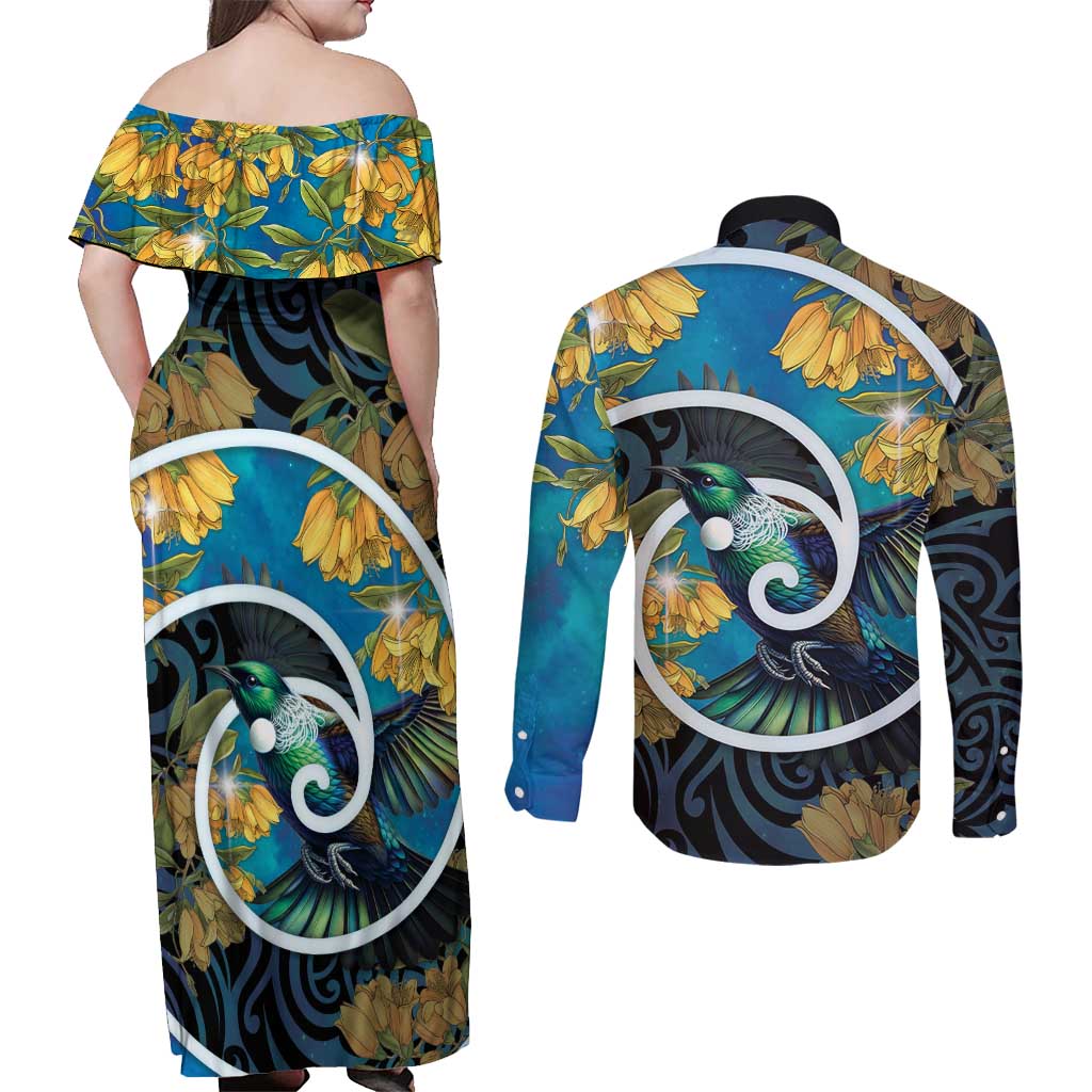 New Zealand Tui Bird Couples Matching Off Shoulder Maxi Dress and Long Sleeve Button Shirt Maori Koru With Kowhai Flowers LT05 - Polynesian Pride