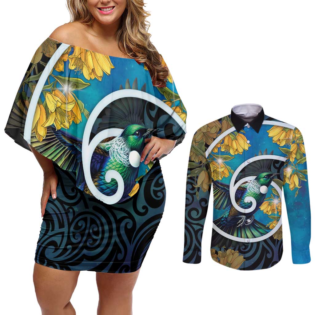 New Zealand Tui Bird Couples Matching Off Shoulder Short Dress and Long Sleeve Button Shirt Maori Koru With Kowhai Flowers LT05 Black - Polynesian Pride