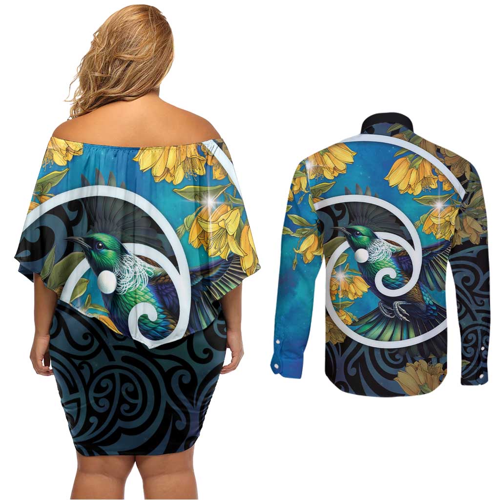 New Zealand Tui Bird Couples Matching Off Shoulder Short Dress and Long Sleeve Button Shirt Maori Koru With Kowhai Flowers LT05 - Polynesian Pride