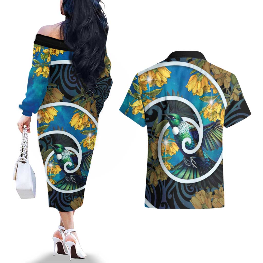 New Zealand Tui Bird Couples Matching Off The Shoulder Long Sleeve Dress and Hawaiian Shirt Maori Koru With Kowhai Flowers LT05 - Polynesian Pride