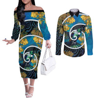 New Zealand Tui Bird Couples Matching Off The Shoulder Long Sleeve Dress and Long Sleeve Button Shirt Maori Koru With Kowhai Flowers LT05 Black - Polynesian Pride