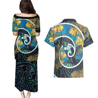 New Zealand Tui Bird Couples Matching Puletasi and Hawaiian Shirt Maori Koru With Kowhai Flowers LT05 - Polynesian Pride