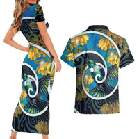 New Zealand Tui Bird Couples Matching Short Sleeve Bodycon Dress and Hawaiian Shirt Maori Koru With Kowhai Flowers LT05 - Polynesian Pride