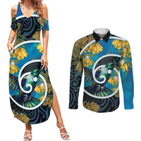 New Zealand Tui Bird Couples Matching Summer Maxi Dress and Long Sleeve Button Shirt Maori Koru With Kowhai Flowers LT05 Black - Polynesian Pride