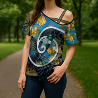 New Zealand Tui Bird Cross Shoulder Shirt Maori Koru With Kowhai Flowers LT05 - Polynesian Pride